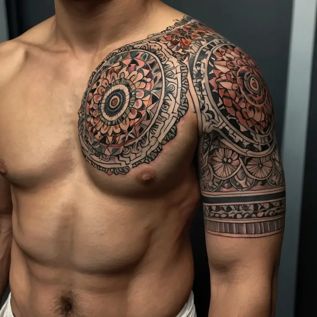 Geometric mandala tattoo on chest and shoulder with detailed floral patterns. Black outlines filled with orange and beige tones.