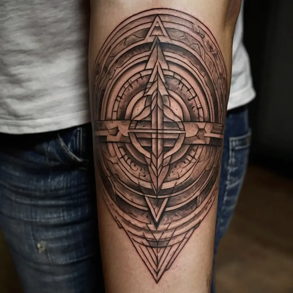 Geometric forearm tattoo with intricate lines, concentric circles, and sharp triangular patterns, creating a layered illusion.