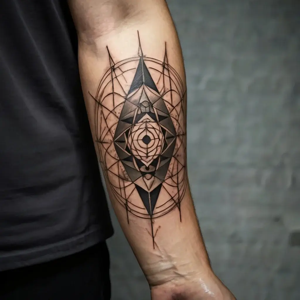 Geometric tattoo featuring layered triangles and circles, with intricate lines forming a symmetrical, mandala-like pattern.