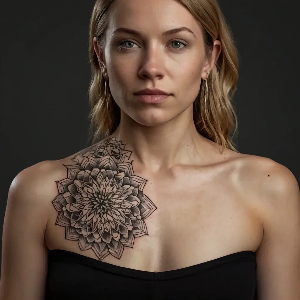 A detailed black and gray mandala tattoo with floral elements spread across the shoulder and upper chest.