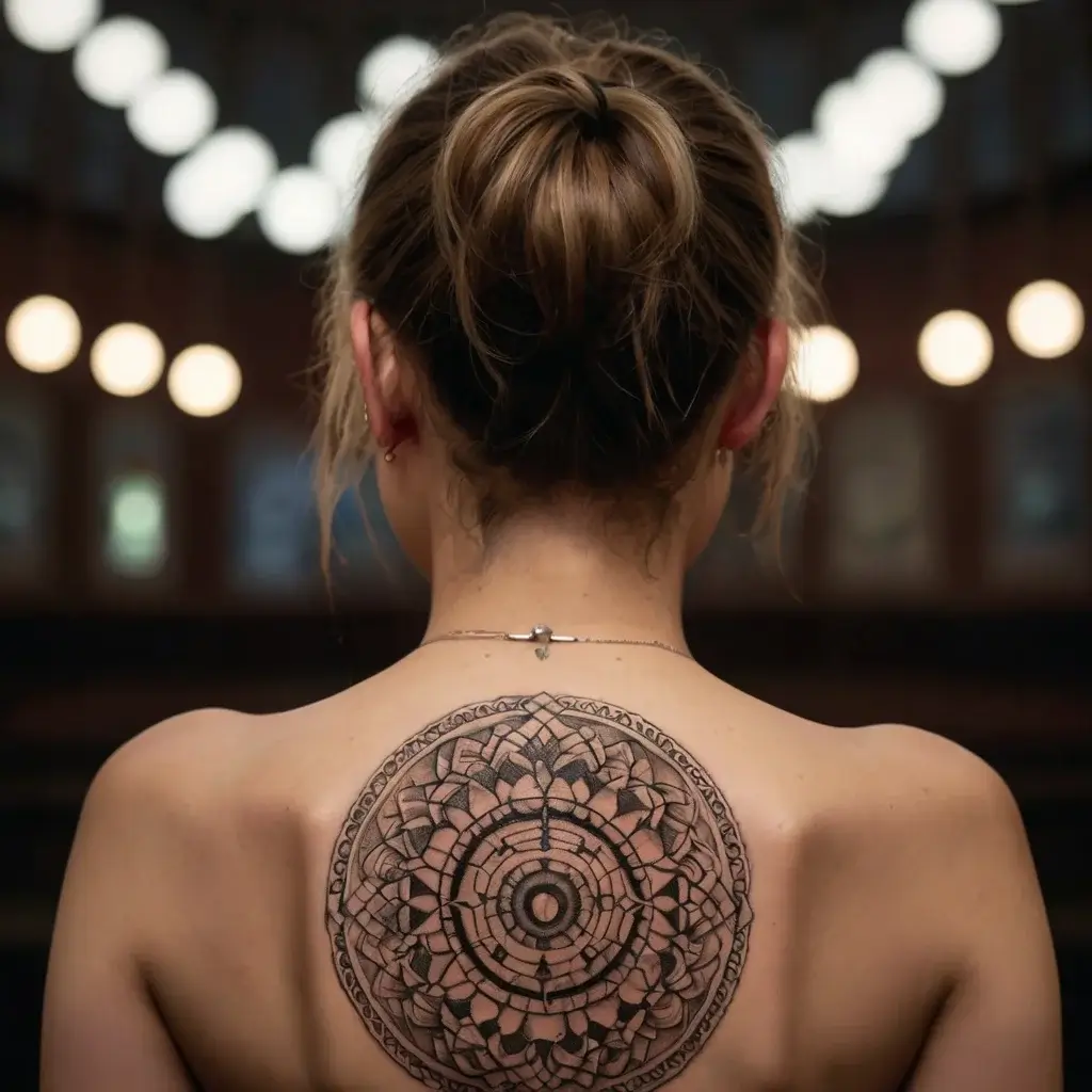 Ornate mandala tattoo with intricate geometric patterns and floral motifs centered on the upper back.