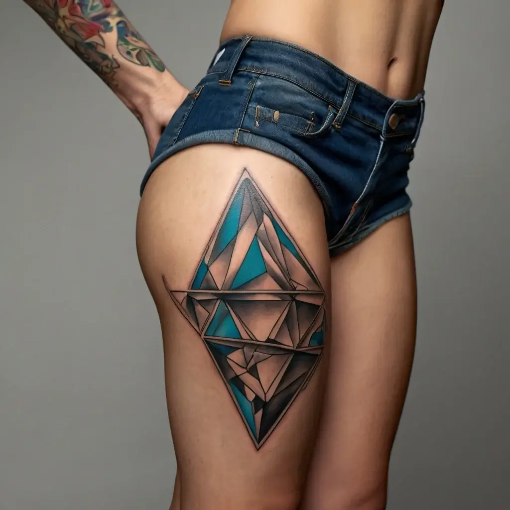 Abstract geometric tattoo with blue and black triangles forming a complex diamond shape on the upper thigh.