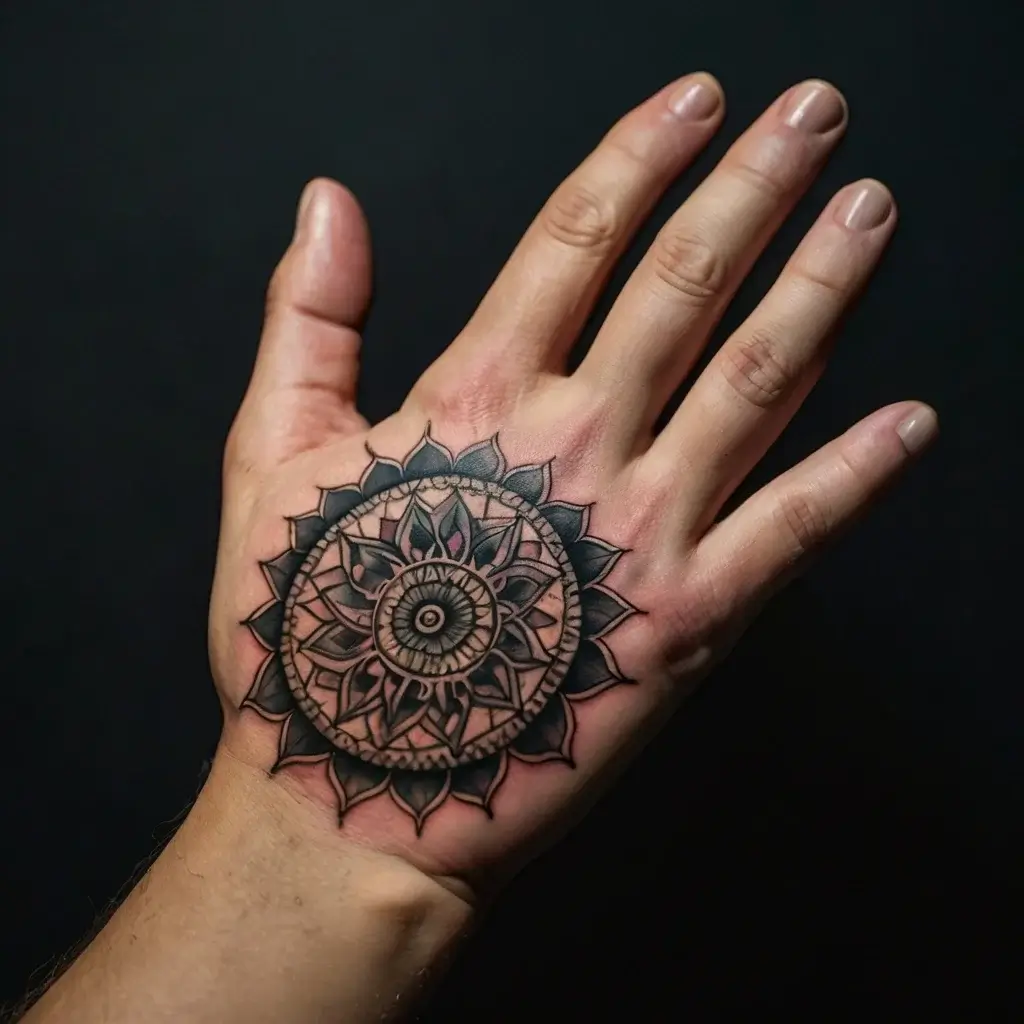 Mandala tattoo on hand, intricate geometric patterns with petal-like shapes surrounding a central circular motif.