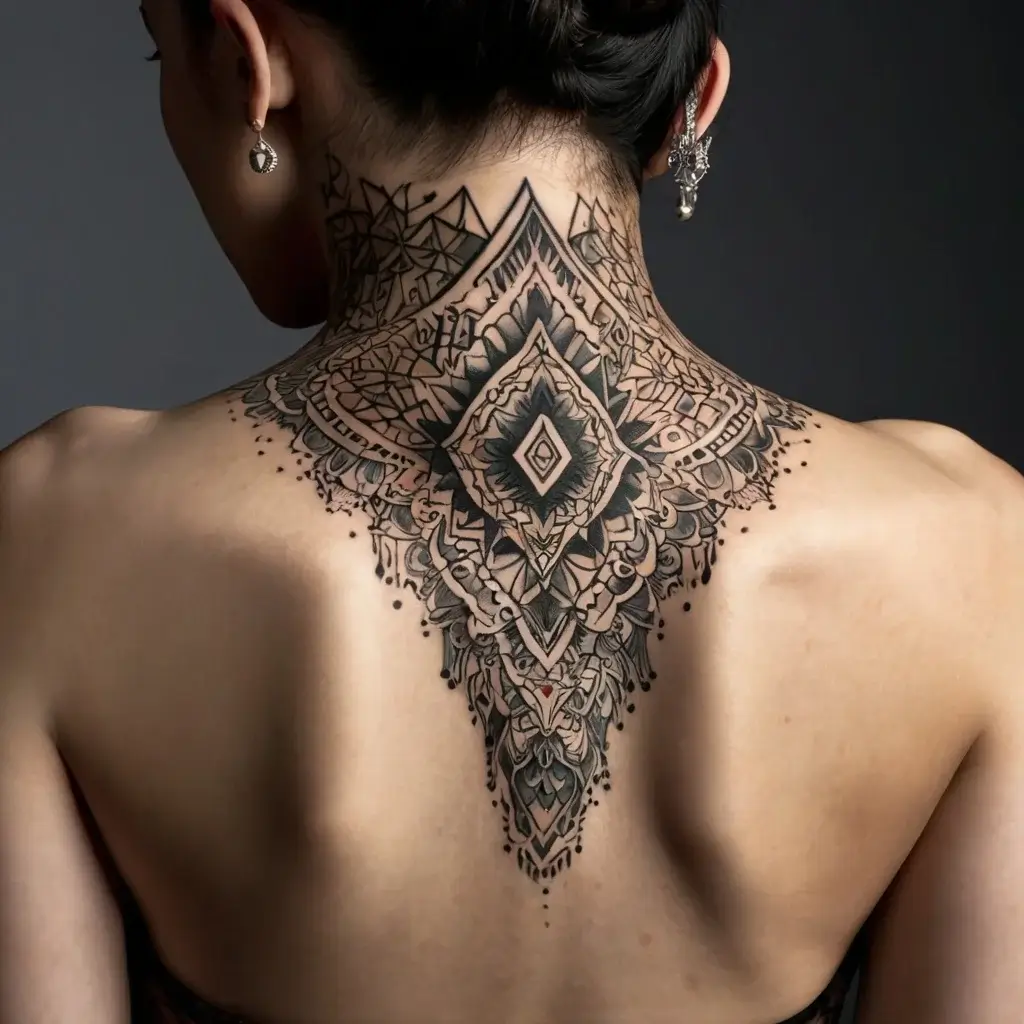 Geometric mandala tattoo on upper back, featuring symmetrical patterns and intricate linework extending to the neck.