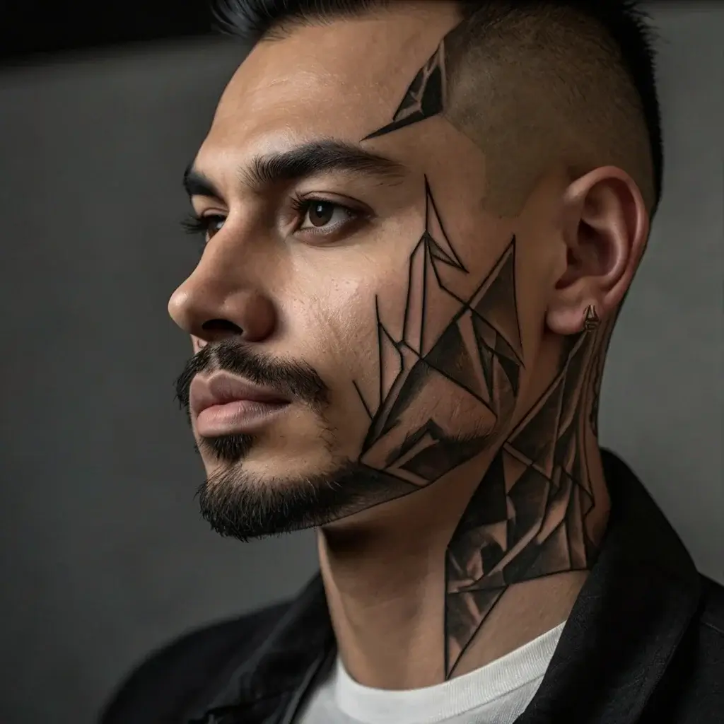 Geometric tattoo design featuring angular black shapes and lines on the side of the face and neck.