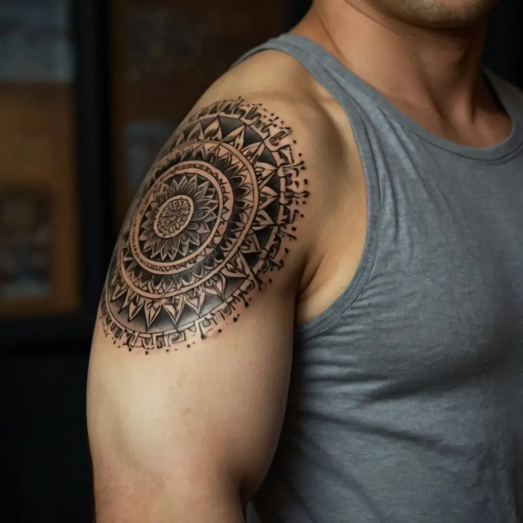 Ornate mandala tattoo on the shoulder with intricate geometric patterns and dot work, blending spiral and triangular motifs.