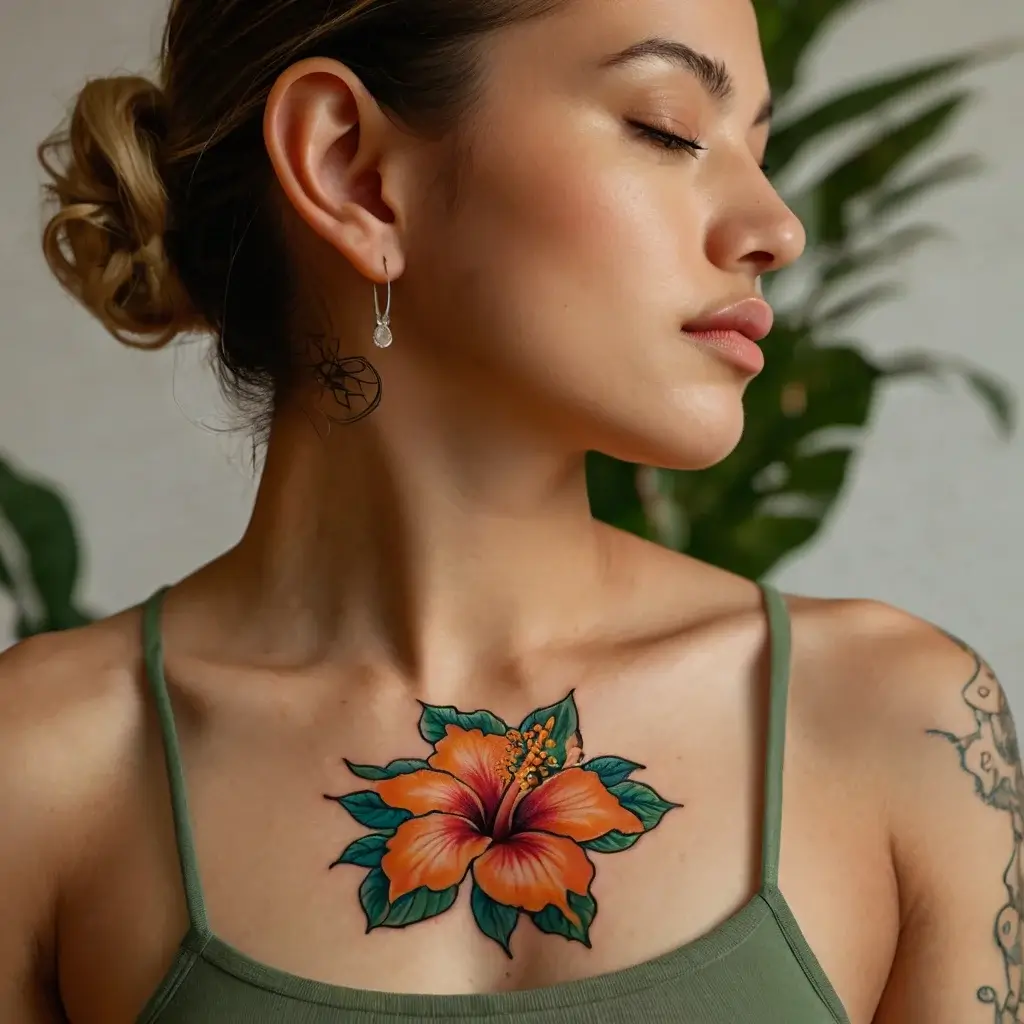 Tattoo of a vibrant orange hibiscus flower with green leaves on the chest, symbolizing beauty and tropical vibes.