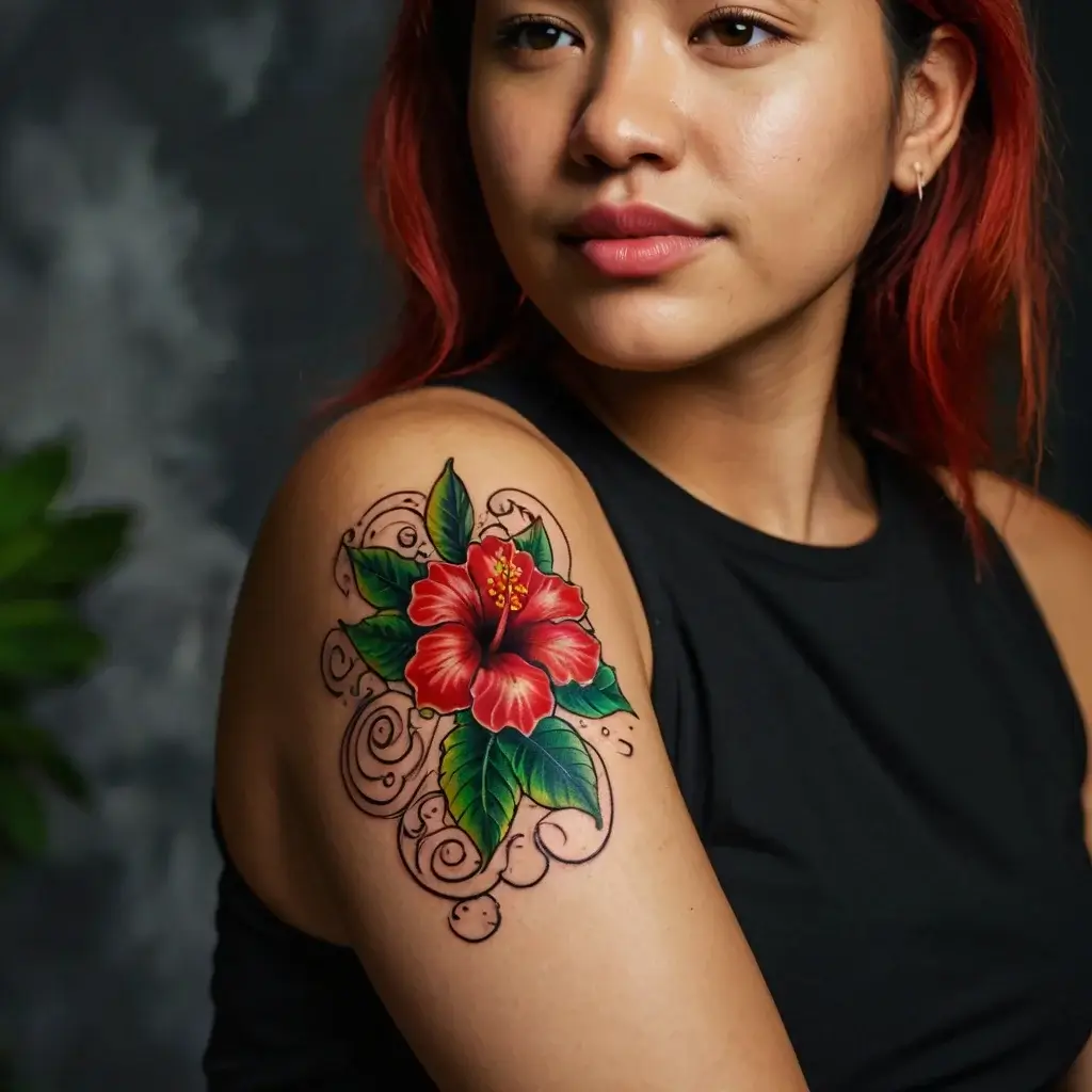 Vivid hibiscus tattoo on arm with swirling black patterns, showcasing bright red petals and lush green leaves.