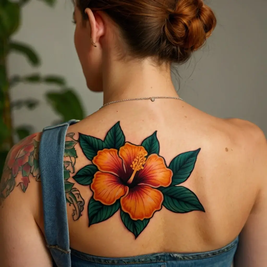 Tattoo of a vibrant orange hibiscus with detailed shading and bold green leaves on a woman's upper back.