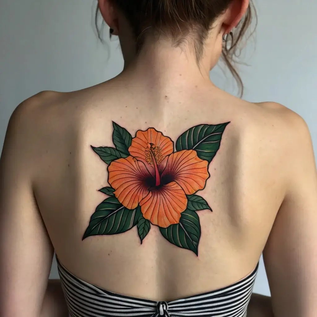 Tattoo of a vibrant orange hibiscus with bold green leaves, intricately detailed, centered on the upper back.