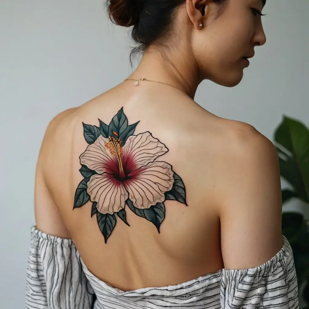 A large, detailed hibiscus tattoo on the back, with soft pink petals and vibrant green leaves, symbolizing beauty and grace.