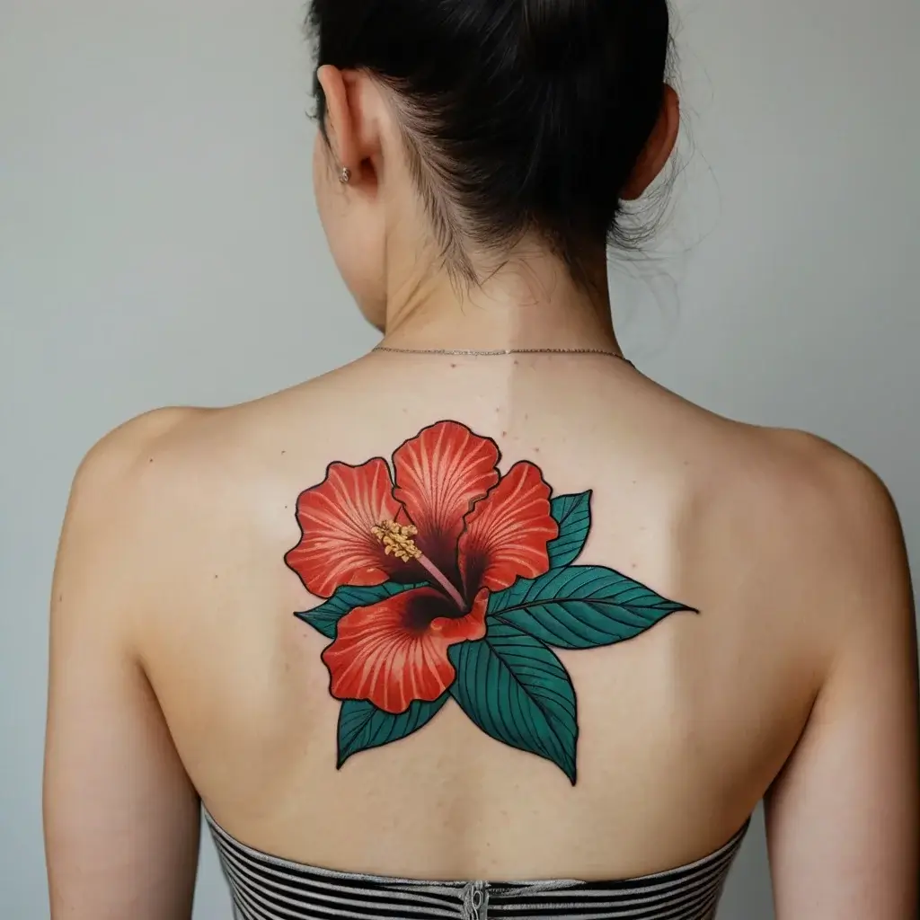 Realistic red hibiscus tattoo on back with detailed petals and vibrant green leaves, symbolizing beauty and femininity.