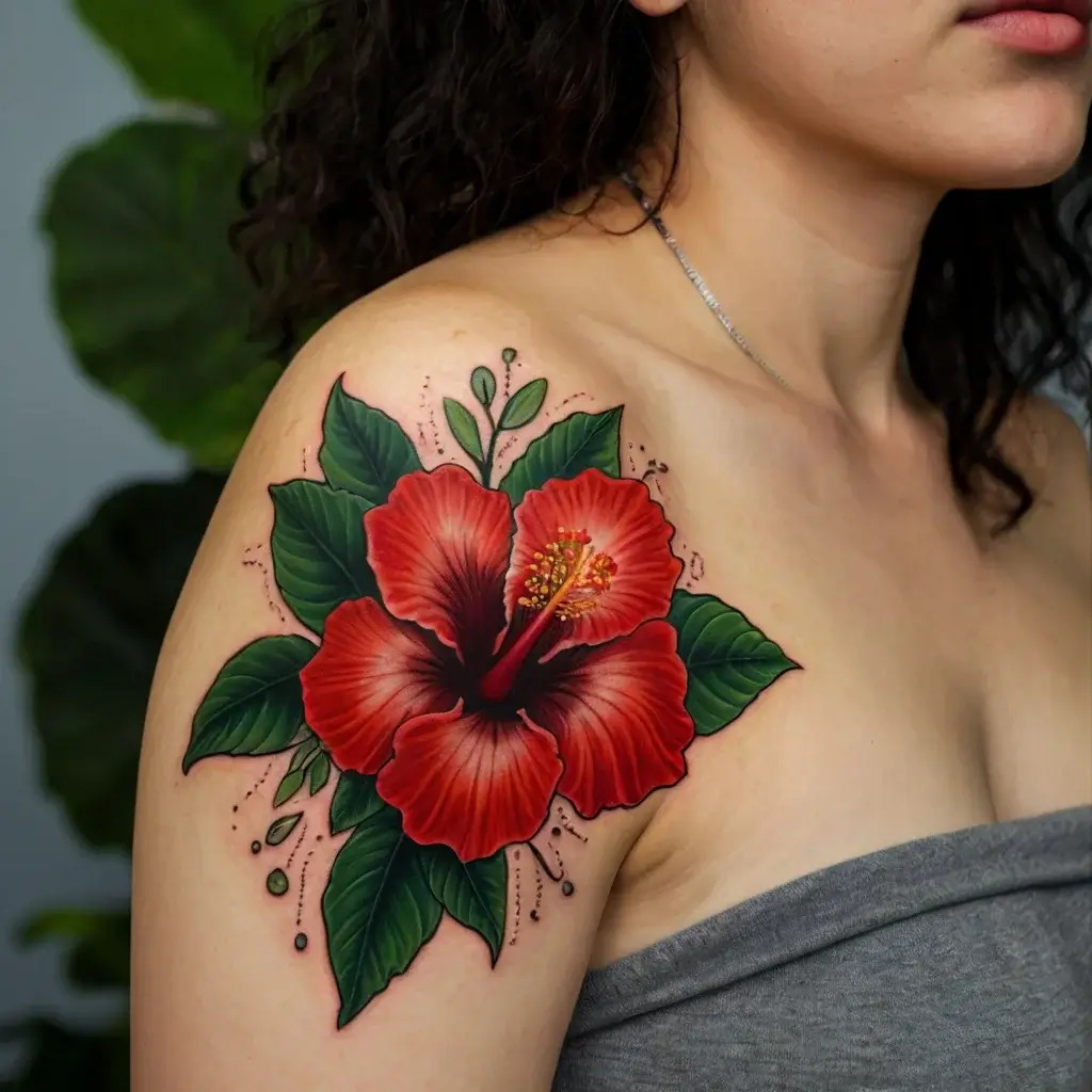 A vibrant red hibiscus tattoo on the shoulder, detailed with green leaves and intricate shading for a 3D effect.