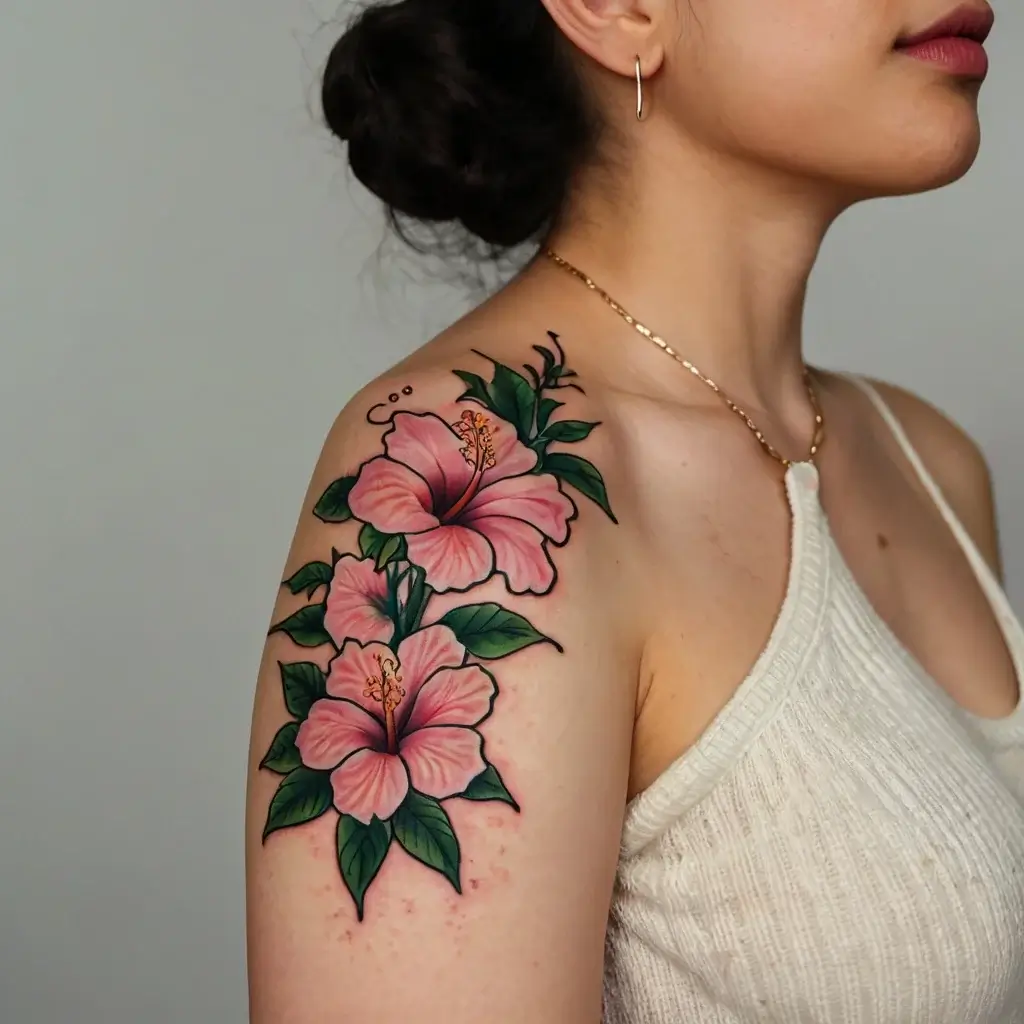 Three pink hibiscus flowers with green leaves tattooed on the upper arm, showcasing vibrant colors and intricate details.