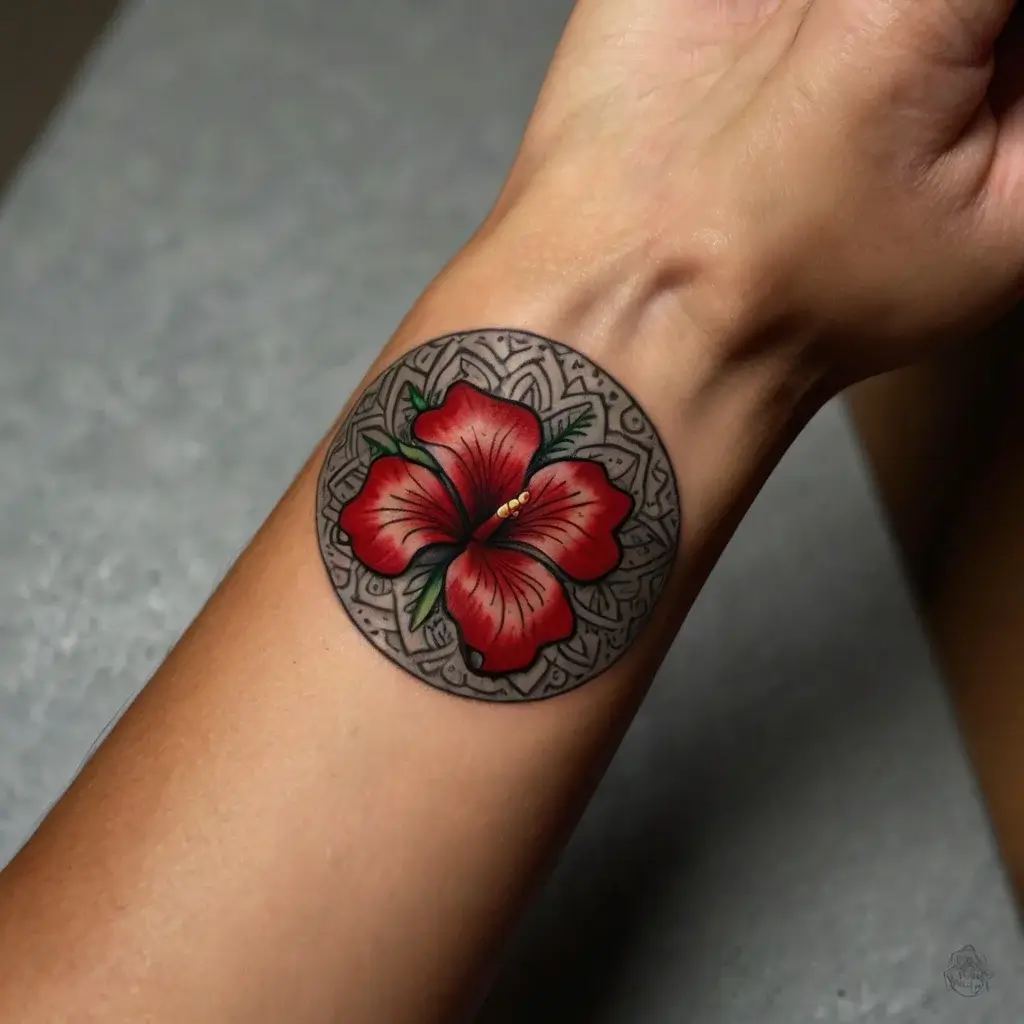 Vibrant red hibiscus tattoo centered in a circular mandala design, elegantly placed on the inner wrist.