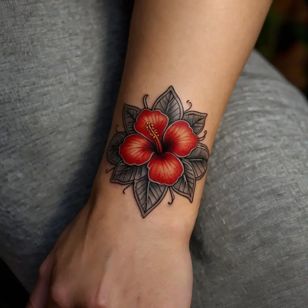 A vibrant red hibiscus with intricate shading, surrounded by geometric, grayscale leaves on the forearm.