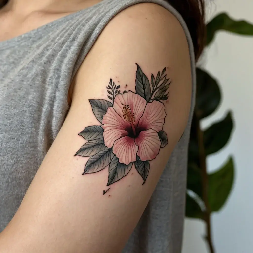 Tattoo of a pink hibiscus with detailed shading and green leaves, creating a vibrant, naturalistic design on the upper arm.