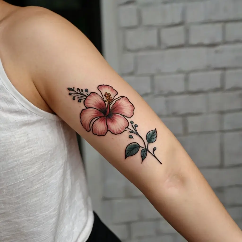 Tattoo of a pink hibiscus flower with detailed petals and green leaves, elegantly inked on the upper arm.