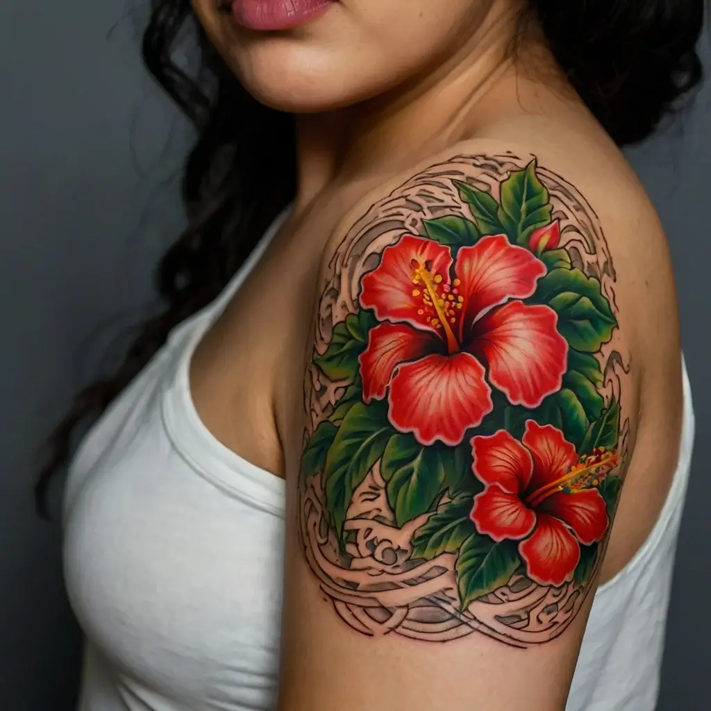 Bright hibiscus flowers with lush green leaves and intricate tribal patterns on the shoulder tattoo.