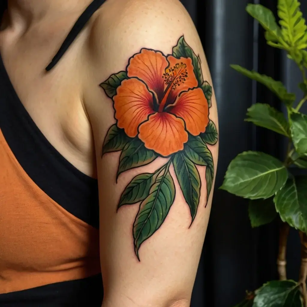 Orange hibiscus tattoo on upper arm, detailed petals with bold outlines and vibrant green leaves, highlighting natural beauty.