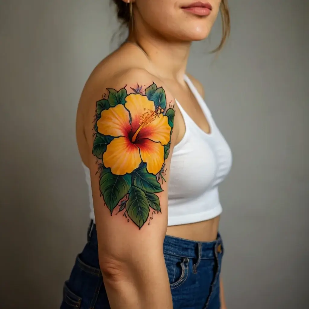 A vibrant yellow and orange hibiscus tattoo on the shoulder, accented by lush green leaves.