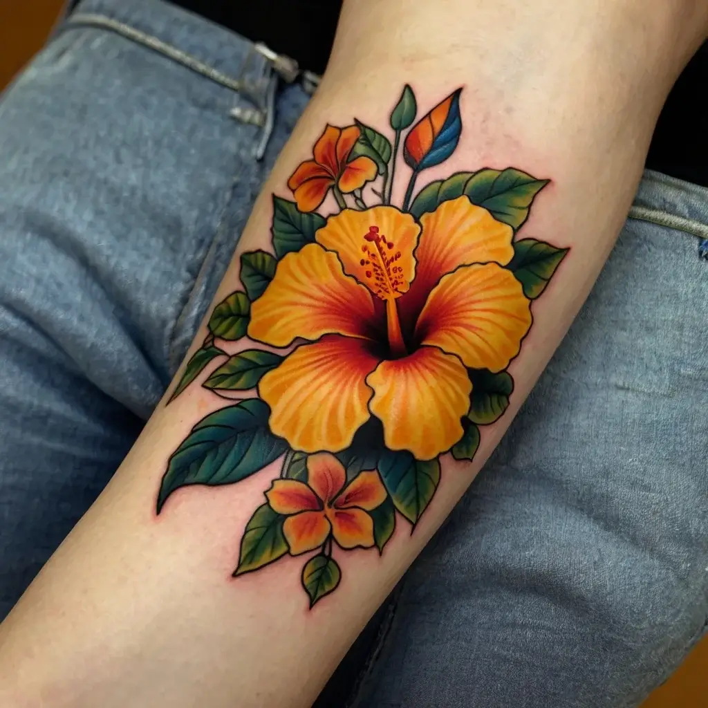 Tattoo of vibrant yellow-orange hibiscus with lush green leaves, detailed shading, and bold outlines on the forearm.