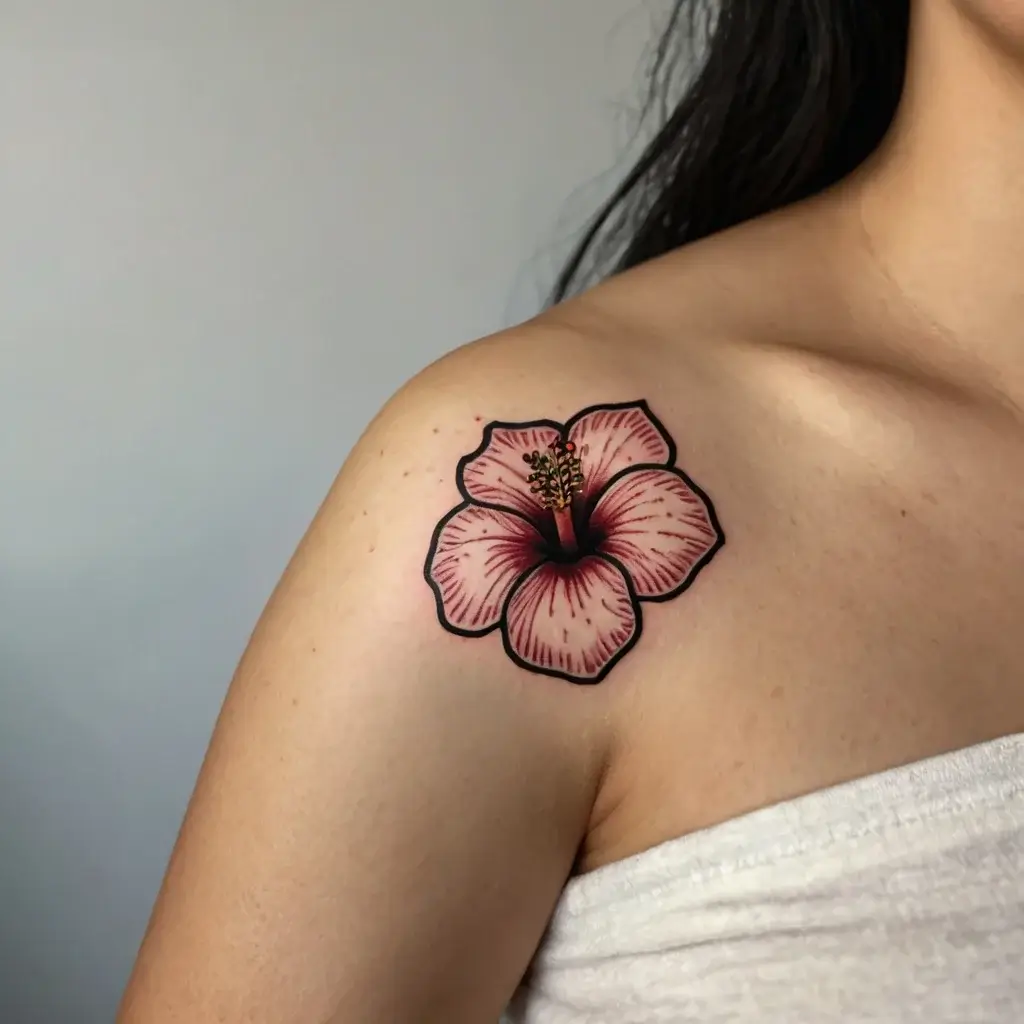 Tattoo of a pink hibiscus flower on the shoulder, with bold black outlines and detailed red shading for a vibrant look.