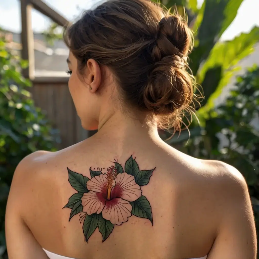 Tattoo of a vibrant hibiscus flower on the upper back, with detailed pink petals and lush green leaves, symbolizing beauty.