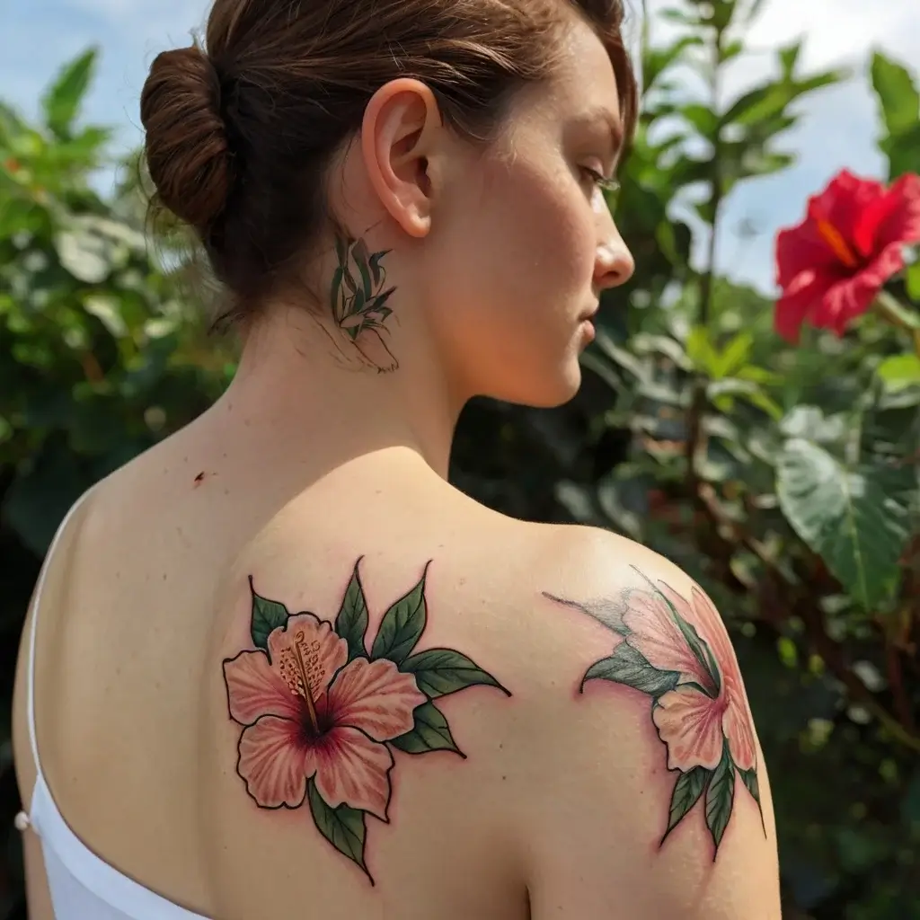 Tattoo of two vibrant hibiscus flowers with lush green leaves on the shoulder; symbolizing beauty and exotic allure.