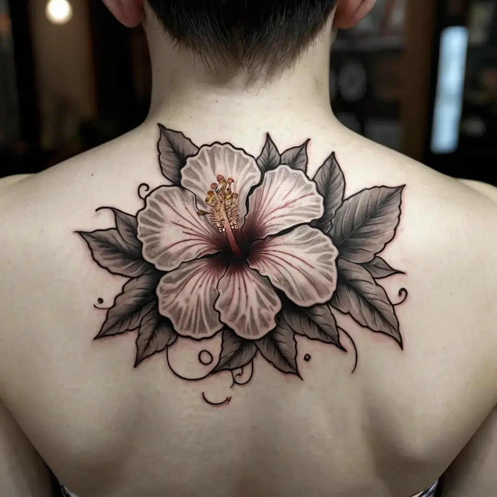 Intricate hibiscus tattoo on back with soft pink petals and detailed shading, surrounded by dark green leaves.