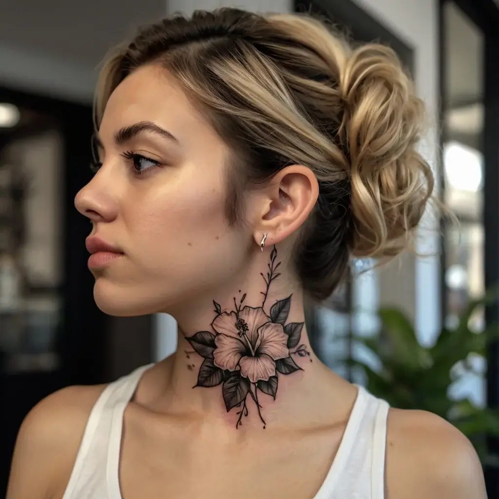 Tattoo of a delicate hibiscus flower on the neck, with intricate shading and detailed leaves for a bold, elegant look.