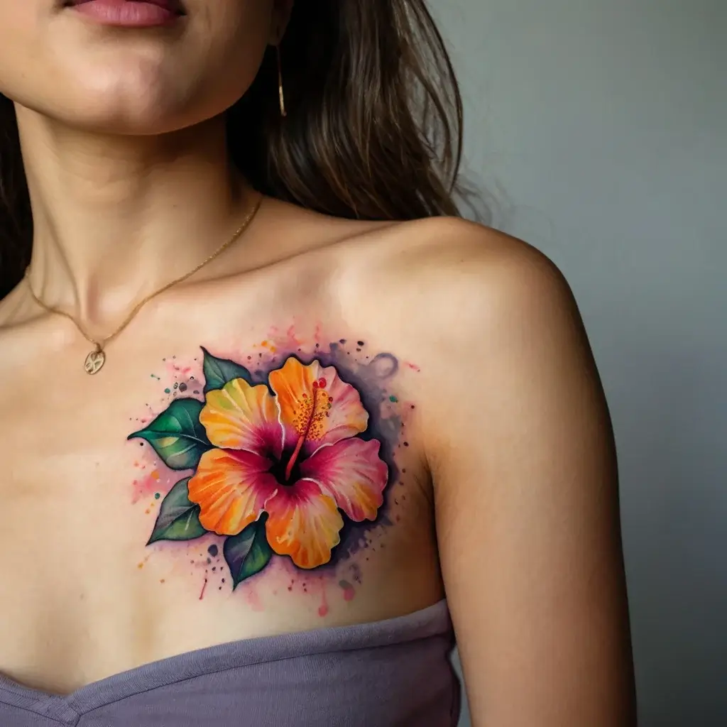 A vibrant hibiscus tattoo with orange and pink petals, green leaves, and a watercolor splash effect on the shoulder.