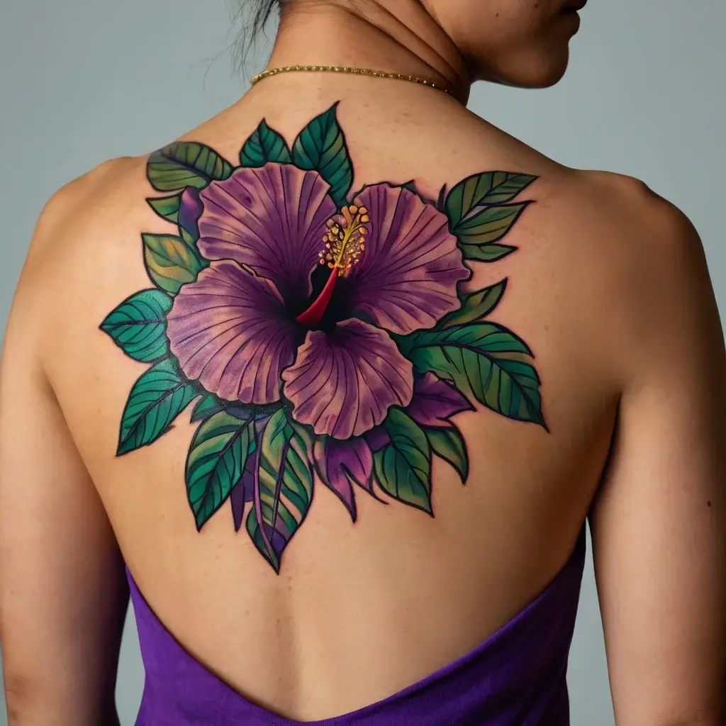 A vibrant purple hibiscus tattoo with detailed petals and leaves, elegantly centered on the upper back.