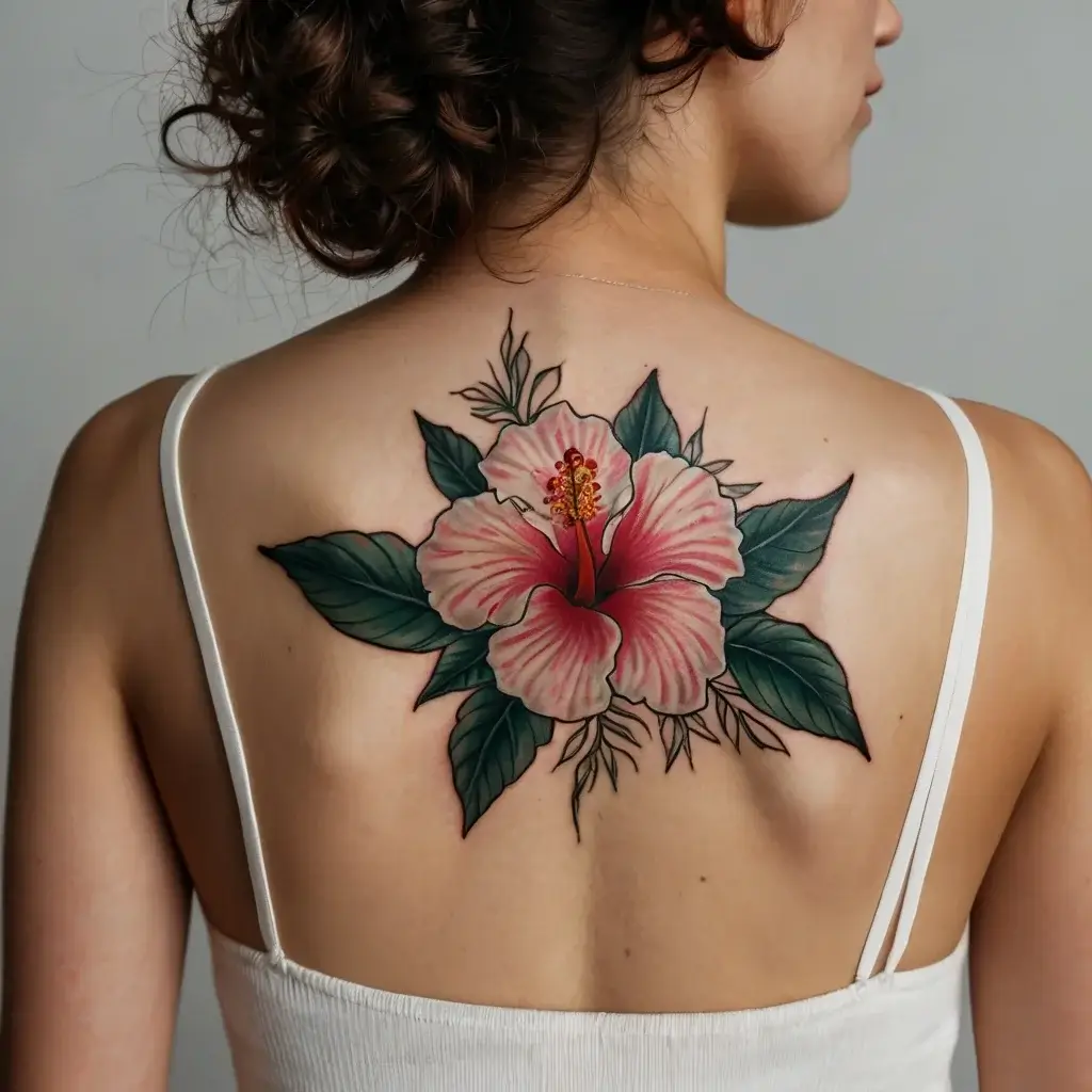 Large hibiscus tattoo on back, vibrant pink petals, intricate shading, with deep green leaves, detailed and bold design.