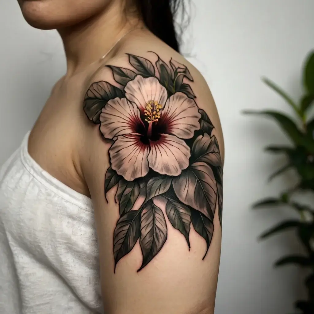 Realistic hibiscus shoulder tattoo with soft pink petals, detailed green leaves, and vibrant stamen, symbolizing beauty.