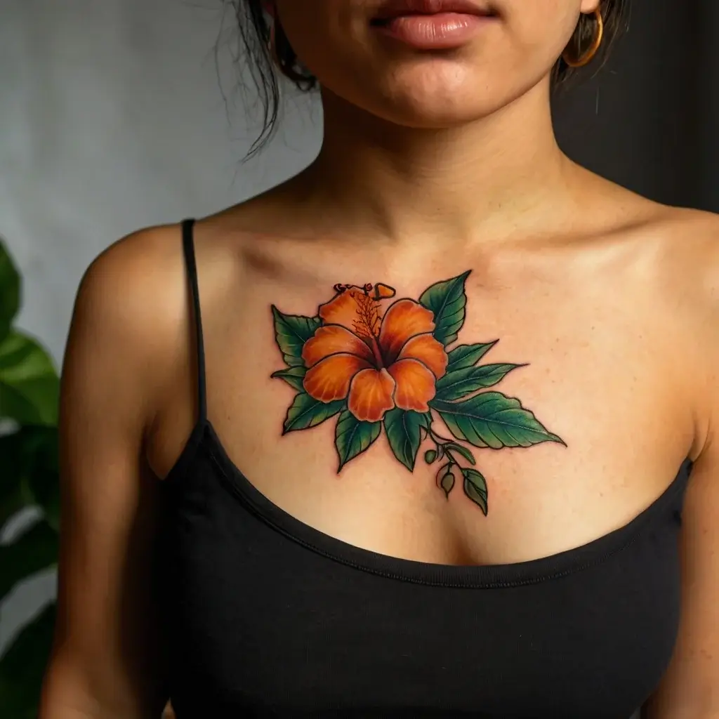 Chest tattoo featuring a vibrant orange hibiscus flower with lush green leaves, symbolizing beauty and exotic allure.