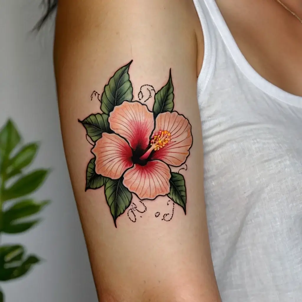 Vibrant hibiscus tattoo with pink petals, detailed veins, and lush green leaves on an arm, exuding tropical elegance.