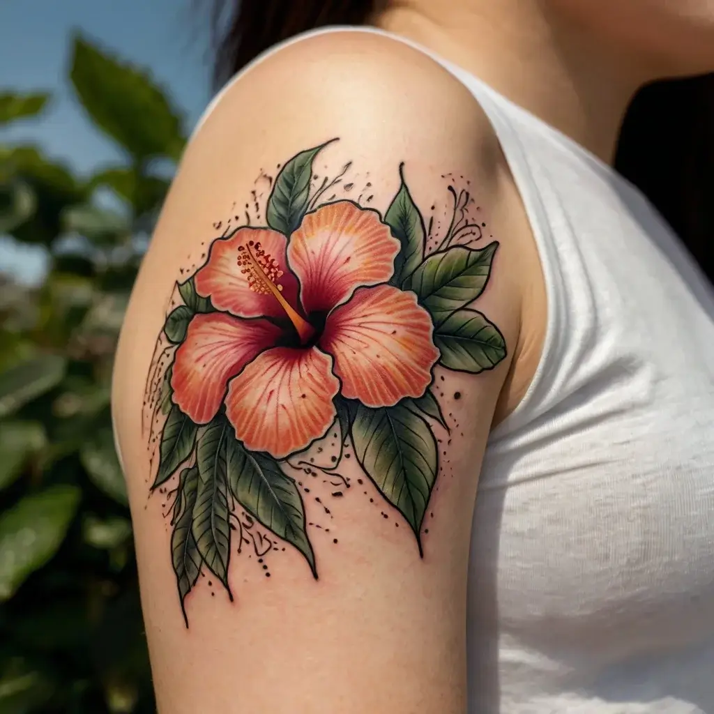 A vibrant hibiscus tattoo on the upper arm with orange petals, green leaves, and detailed black ink accents.