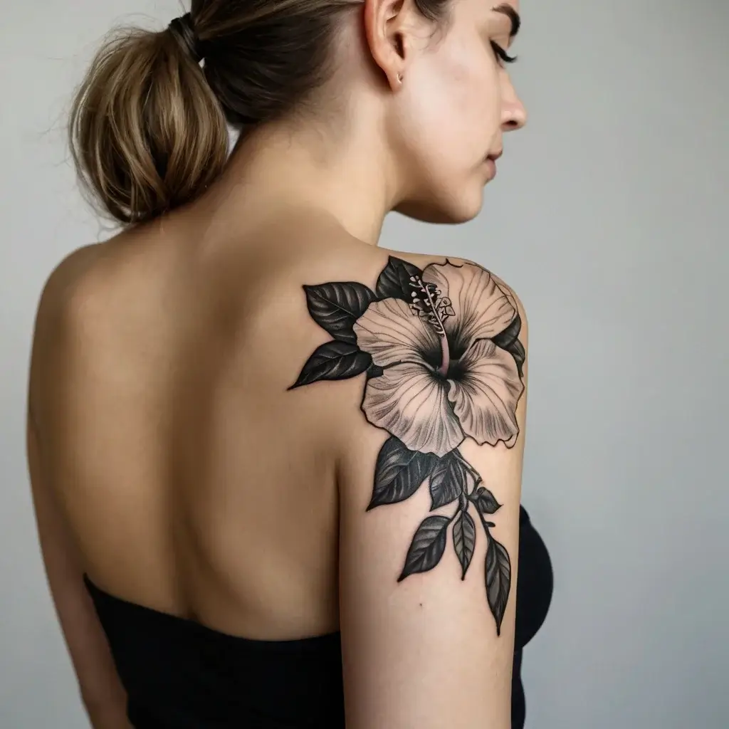 Black and grey hibiscus tattoo on shoulder, intricate shading with detailed petals and leaves, emphasizing elegance.