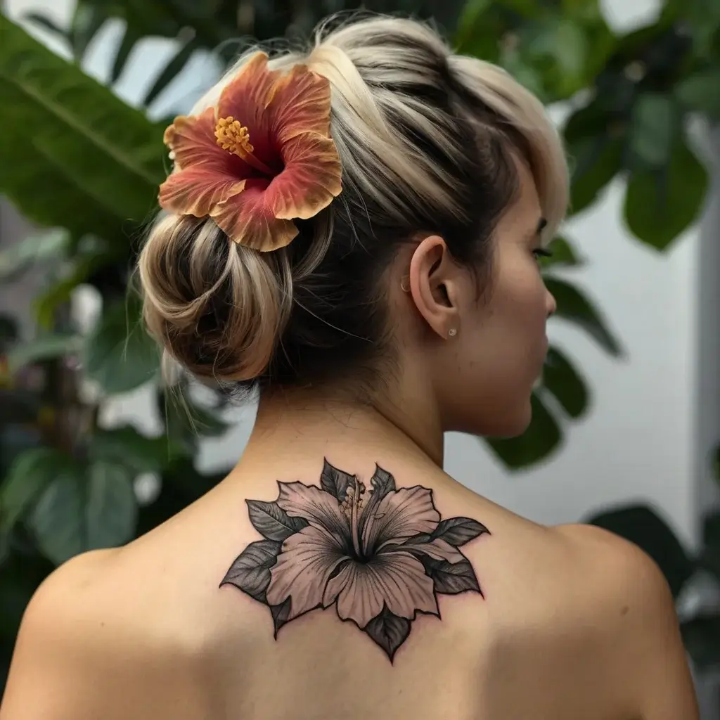 Ornate hibiscus tattoo on upper back, intricately shaded in black and pink tones, highlighting delicate petal details.