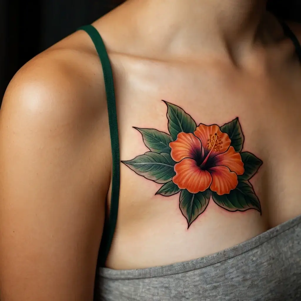 Vivid orange hibiscus with detailed green leaves tattooed on the chest, symbolizing beauty and delicate strength.