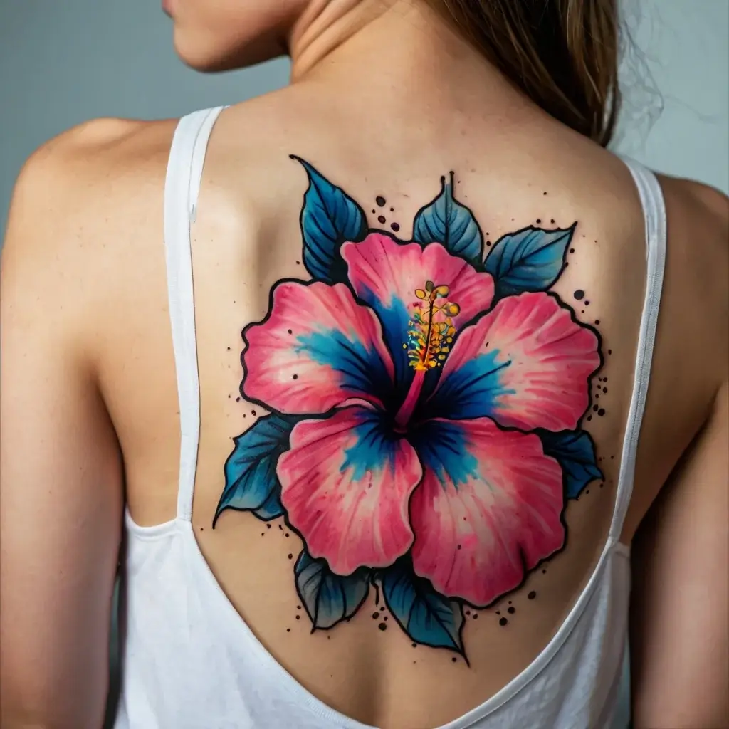 A vibrant hibiscus tattoo on the back, with pink petals and blue accents, surrounded by detailed green leaves.