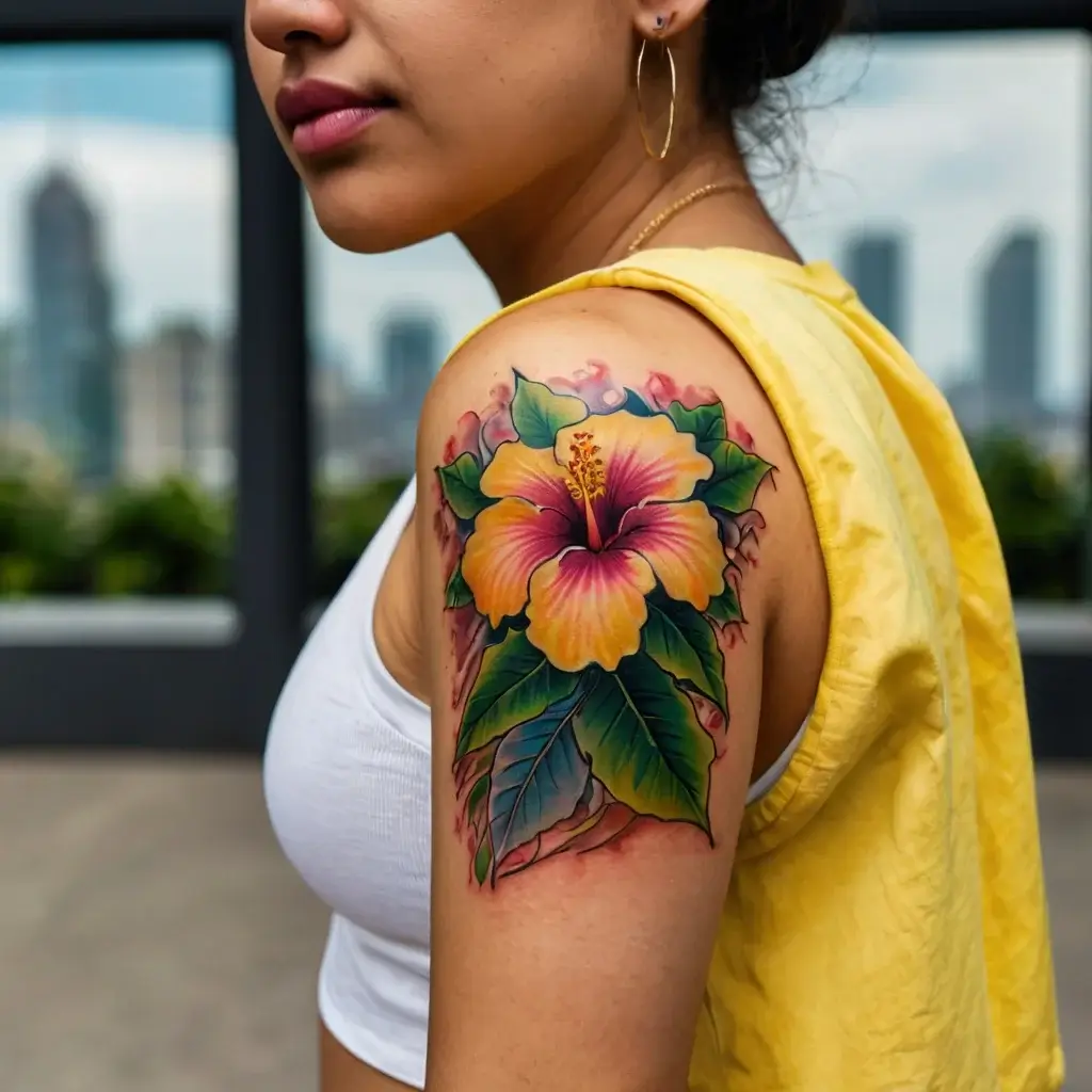 Colorful hibiscus tattoo on upper arm, with vibrant yellow petals, pink center, and detailed green leaves.