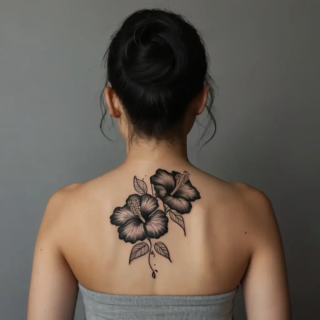 Tattoo of two intricately shaded black hibiscus flowers with leaves, elegantly placed between the shoulder blades.