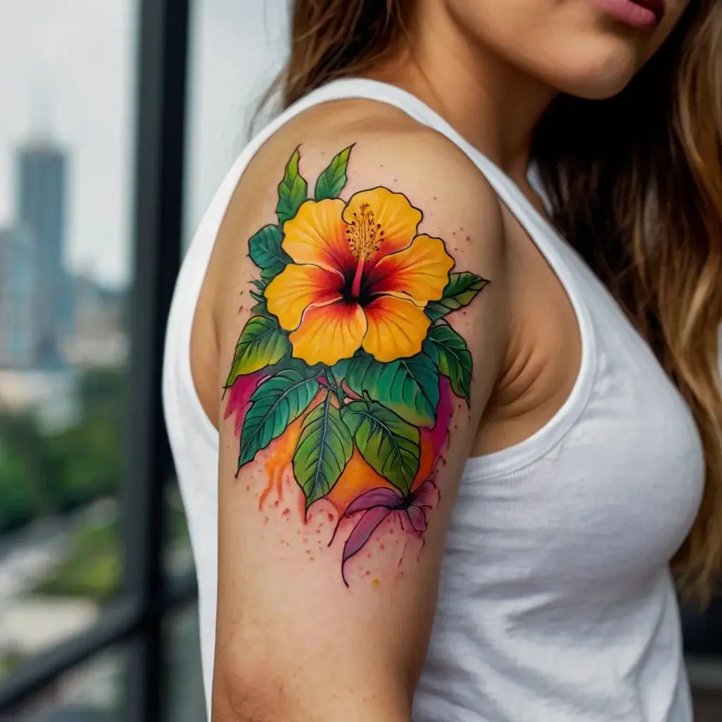 A vibrant hibiscus tattoo with a striking orange bloom and lush green leaves, accented by a splash of pink hue.