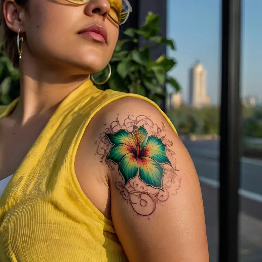 Colorful hibiscus tattoo on shoulder, vibrant teal and yellow petals with red center, surrounded by graceful swirls.