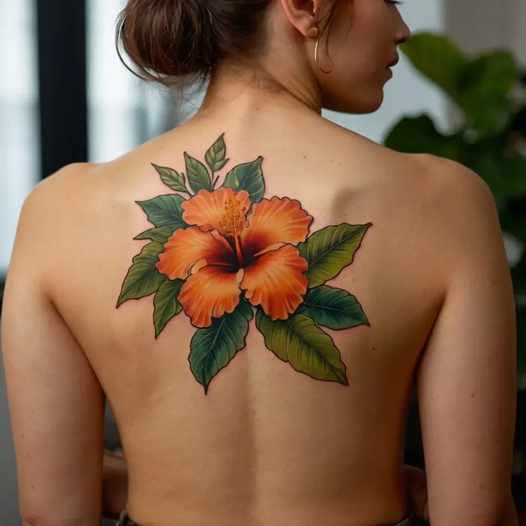 Stunning tattoo of an orange hibiscus with vibrant green leaves, elegantly spread across the upper back.