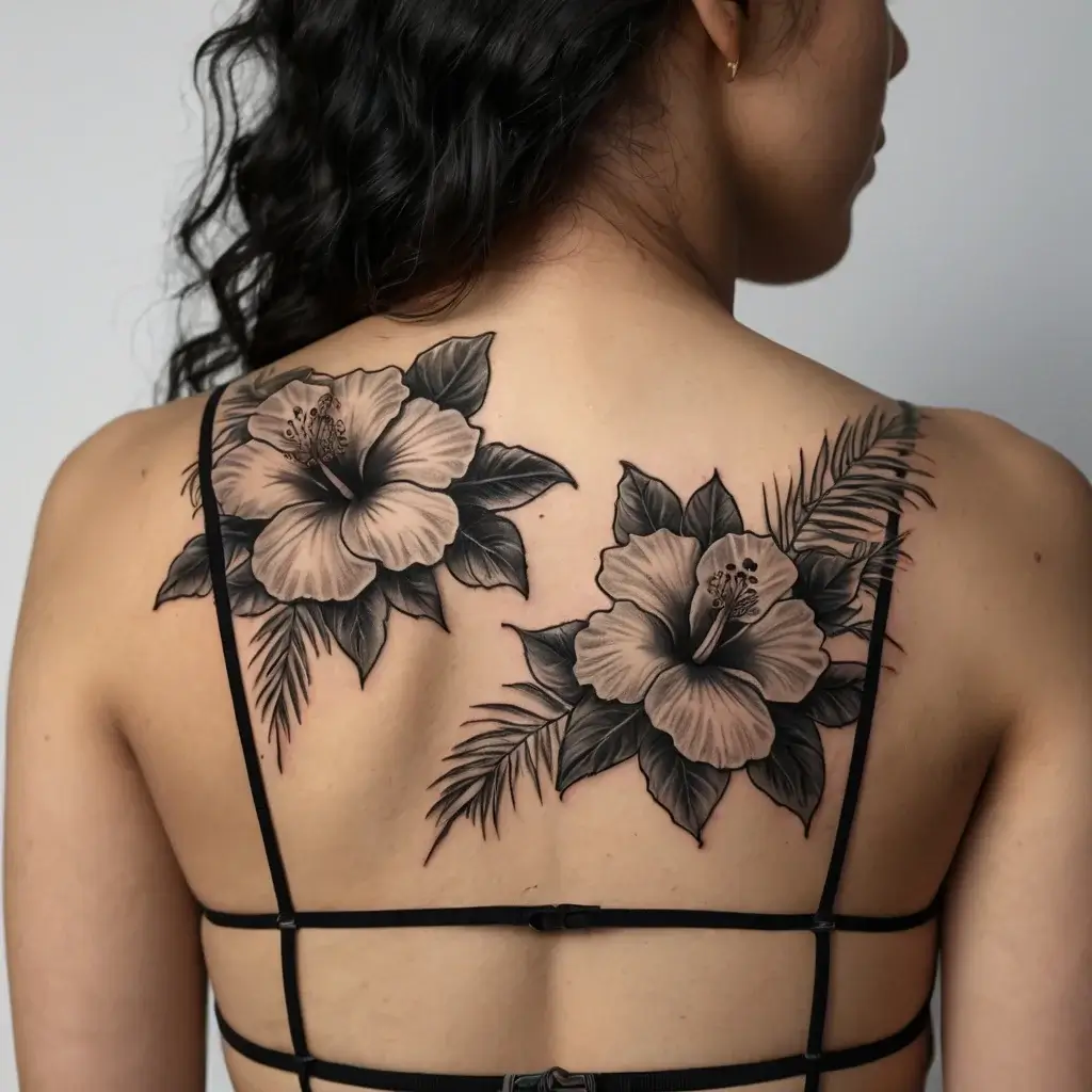 Tattoo of two hibiscus flowers with detailed shading and fern leaves on the upper back, creating a symmetrical design.