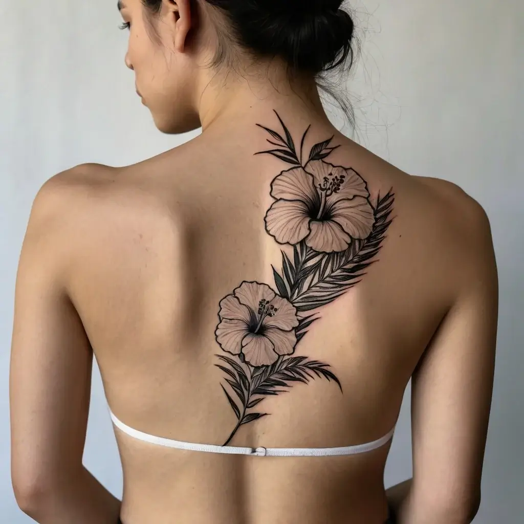 Large hibiscus flowers with detailed leaves intricately tattooed along the spine, symbolizing beauty and subtropical serenity.