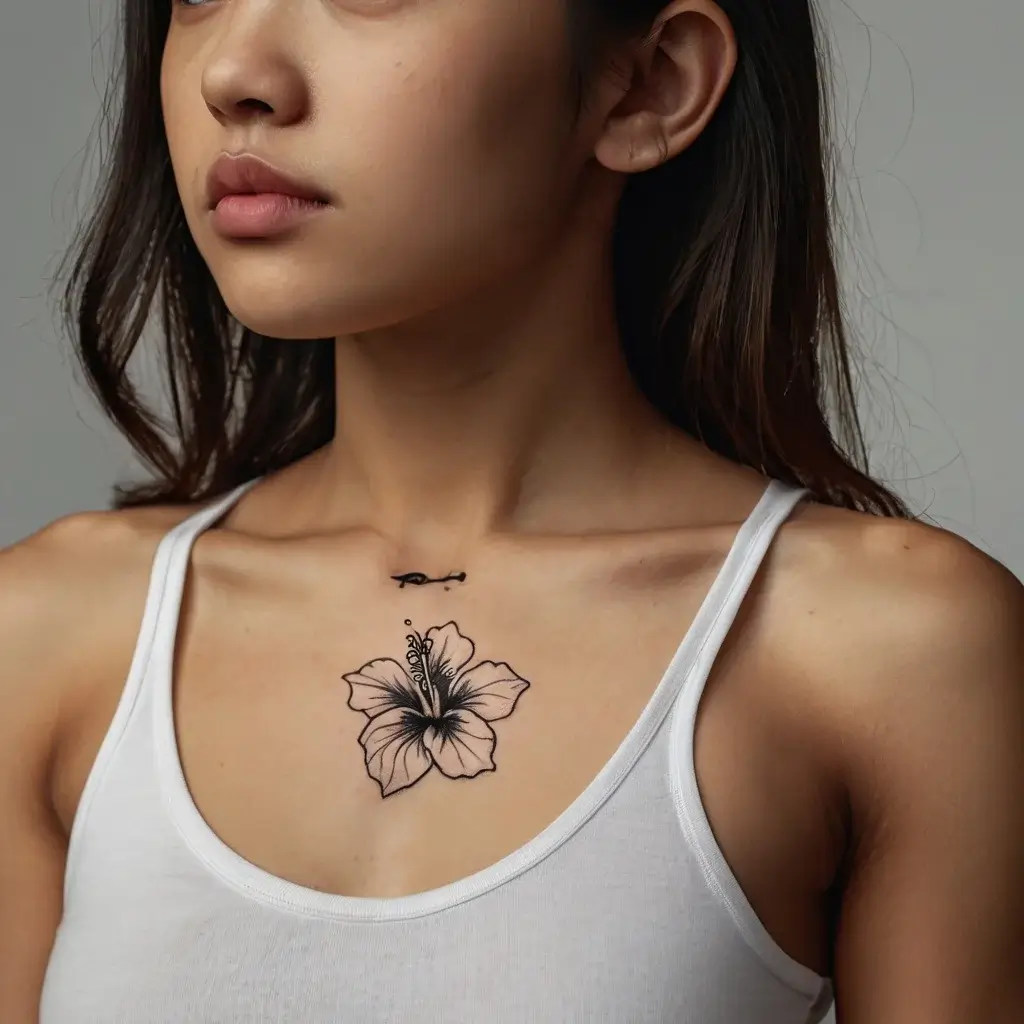 Black ink hibiscus tattoo on the chest, delicately detailed with fine lines, symbolizing beauty and elegance.